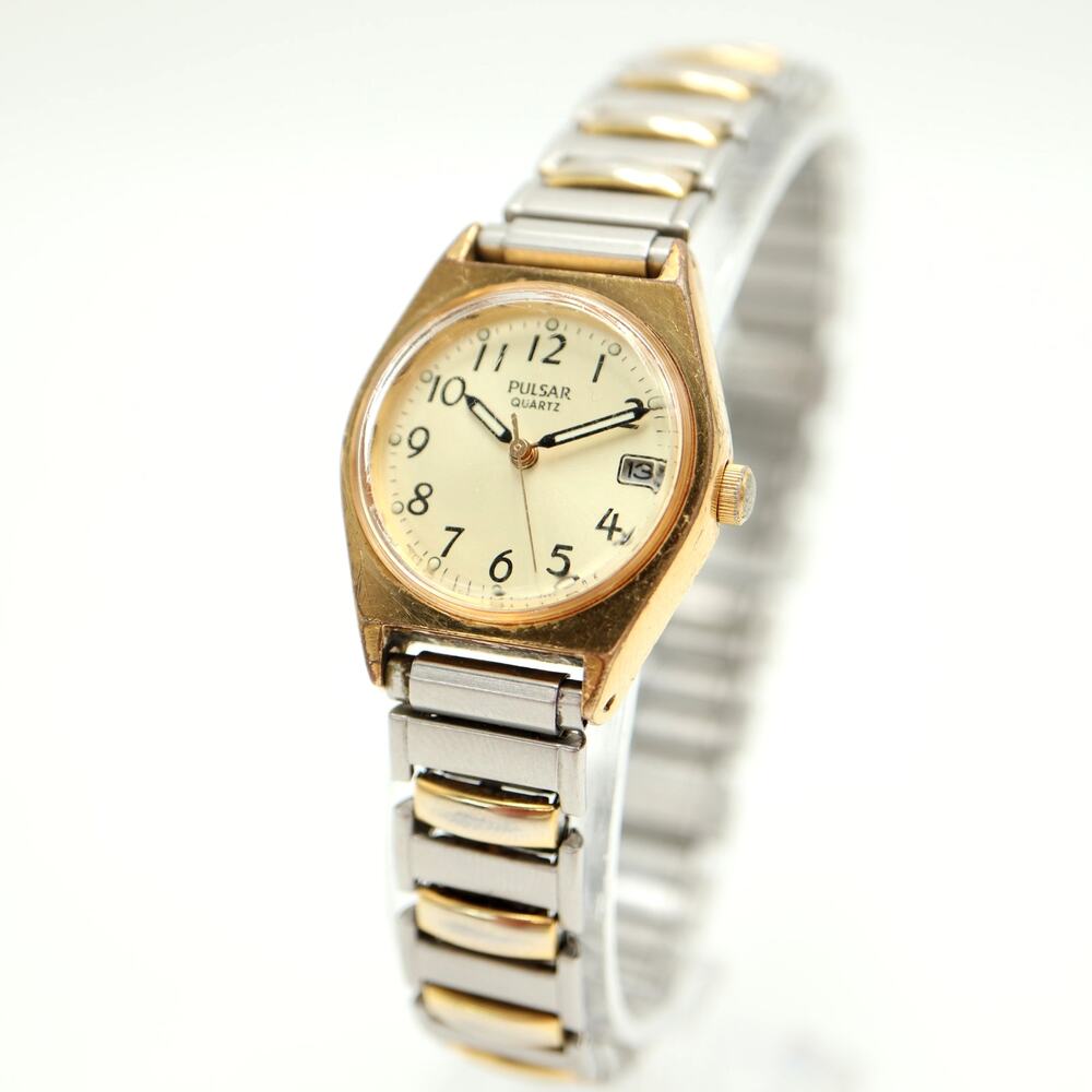 Pulsar Gold Tone 24mm Womens Watch V827-0430 Two Tone Stretch Band w New Battery